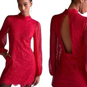 Maeve Anthropologie Red Lace Long Sleeve Mini Dress Sz 10‎ Cocktail Party Formal